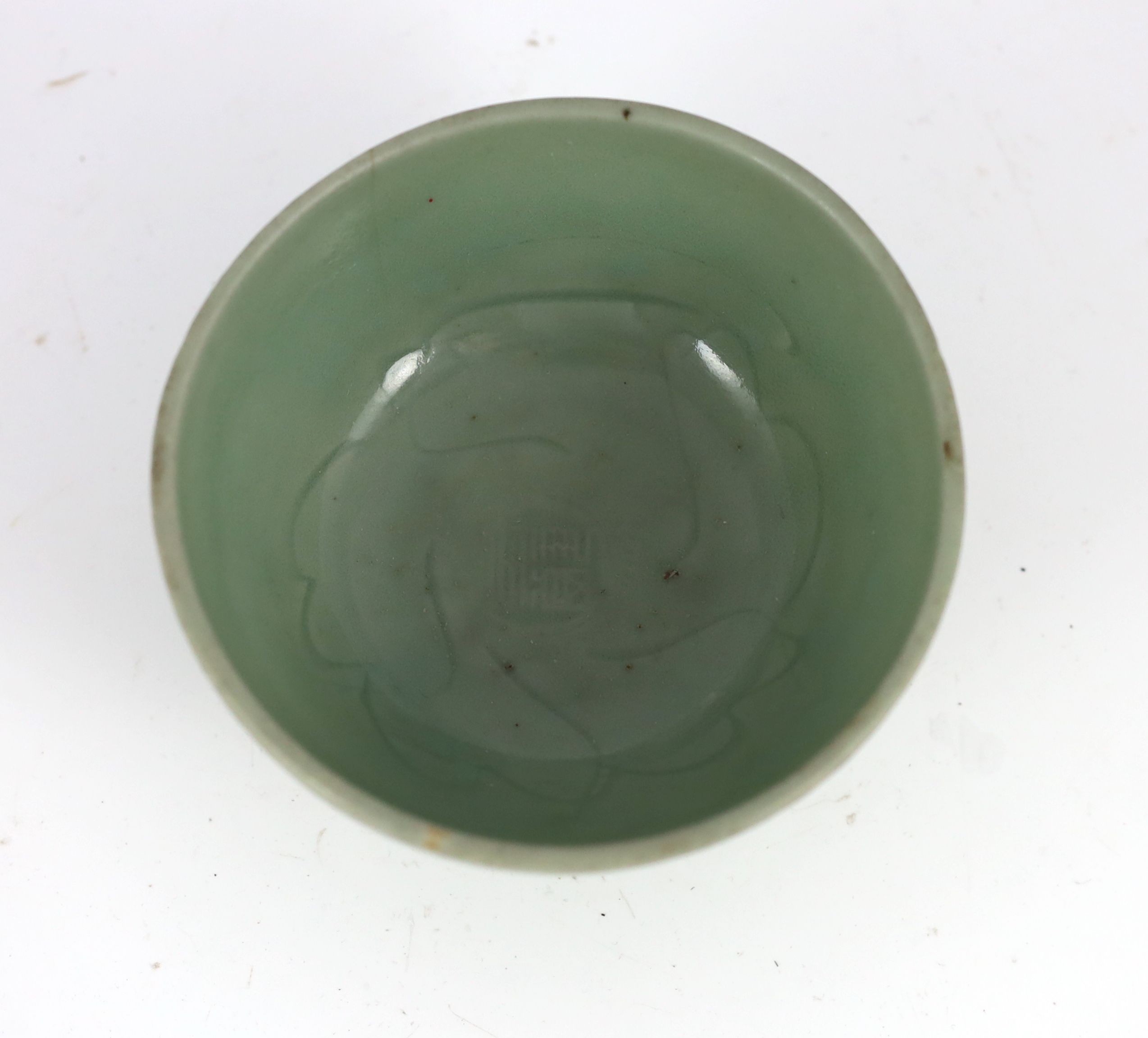 A Chinese Longquan celadon ‘Gu Shi’ bowl, 15th century, 13.8cm diameter, hairline crack